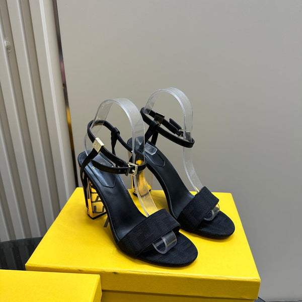 FENDI DELFINA HIGH-HEELED 10 CM SANDAL IN BLACK FF CANVAS