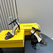 FENDI DELFINA HIGH-HEELED 10 CM SANDAL IN BROWN MONOGRAM FF CANVAS