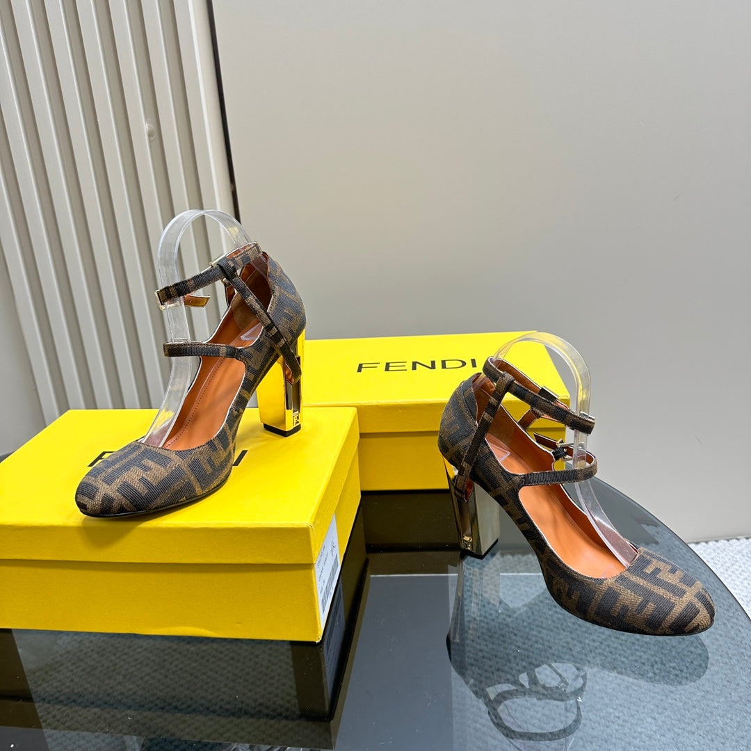 FENDI DELFINA HIGH-HEELED 85 MM SANDAL IN BROWN MONOGRAM FF CANVAS