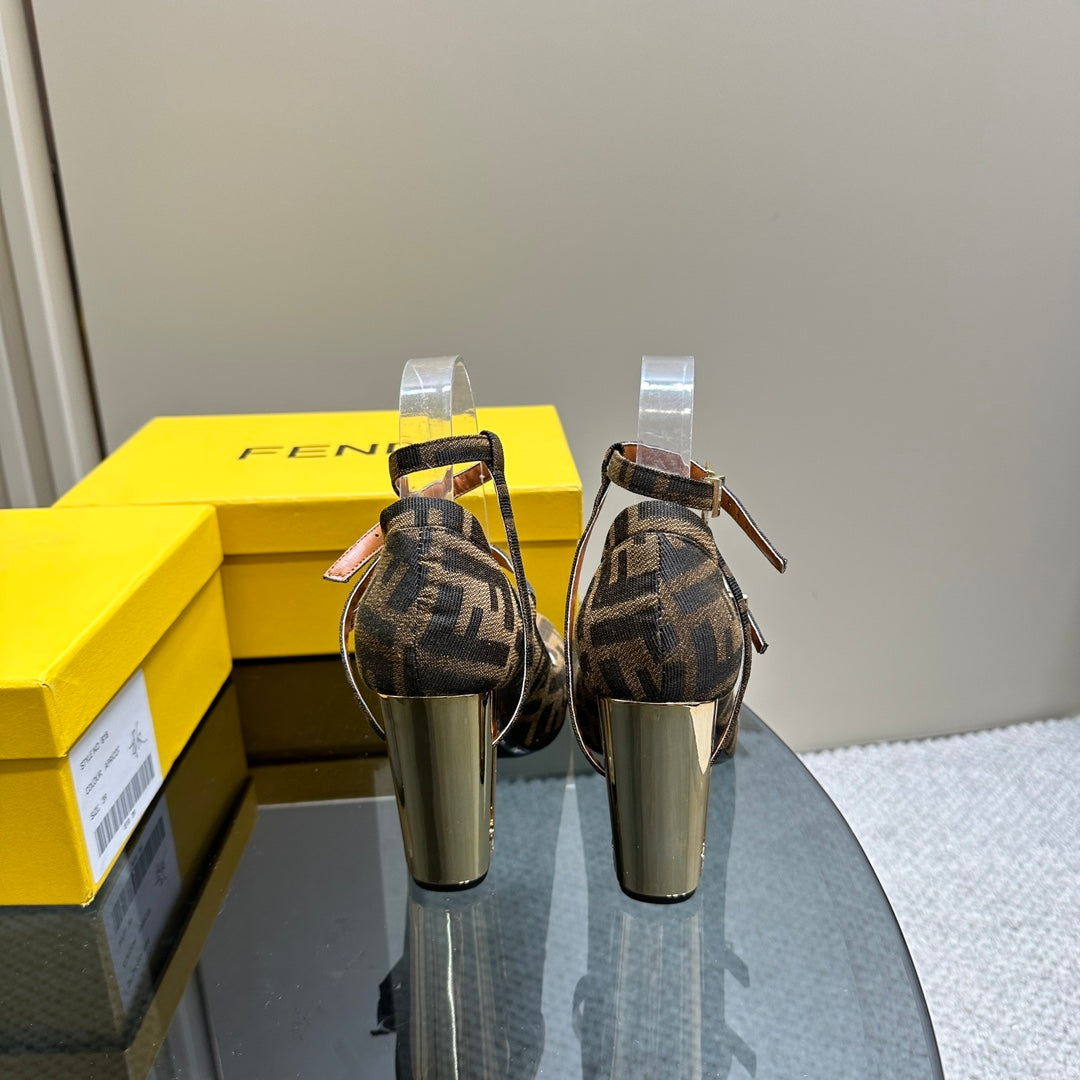 FENDI DELFINA HIGH-HEELED 85 MM SANDAL IN BROWN MONOGRAM FF CANVAS
