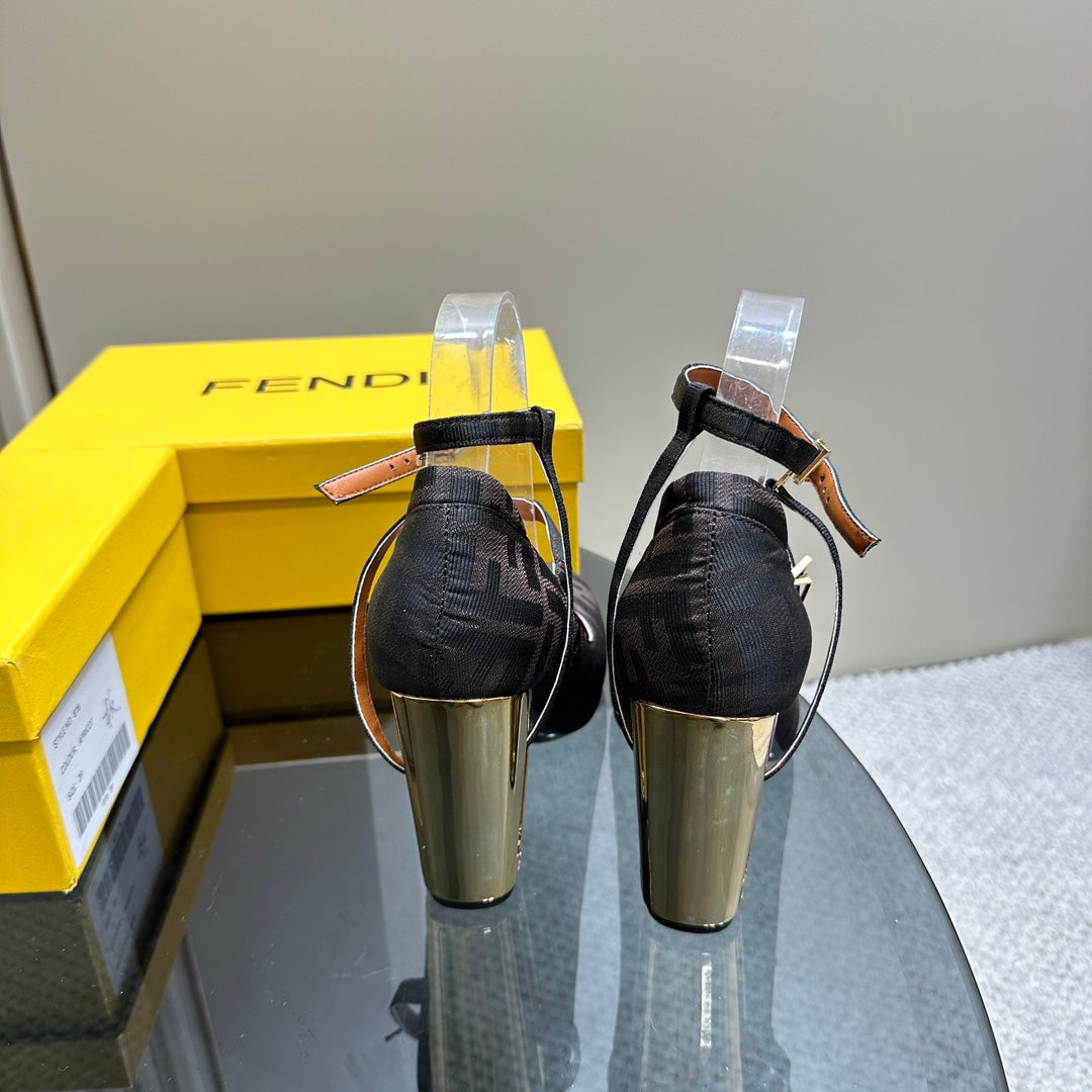 FENDI DELFINA HIGH-HEELED 85 MM SANDAL IN BLACK MONOGRAM FF CANVAS