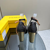 FENDI DELFINA HIGH-HEELED 85 MM SANDAL IN BLACK MONOGRAM FF CANVAS