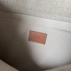 MEDIUM WOODY TOTE BAG 37 IN BEIGE LINEN CANVAS WEBBING LOGO EMBROIDERY BROWN CALFSKIN