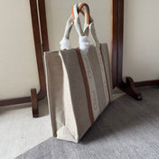 LAGRE WOODY TOTE BAG 45 IN BEIGE LINEN CANVAS WEBBING LOGO EMBROIDERY BROWN CALFSKIN