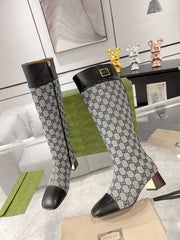 GG KNEE BOOTS IN LIGHT GRAY MONOGRAM CANVAS AND BLACK GLOSSY SHEEPSKIN
