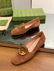 BLONDIE LOGO-PLAQUE LOAFERS IN BRONZE BROWN SUEDE WITH GOLD HARDWARE