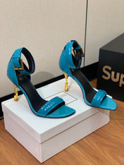 BALMAIN 26S METAL-HEEL SANDALS 105 MM IN CERULEAN BLUE CALFSKIN