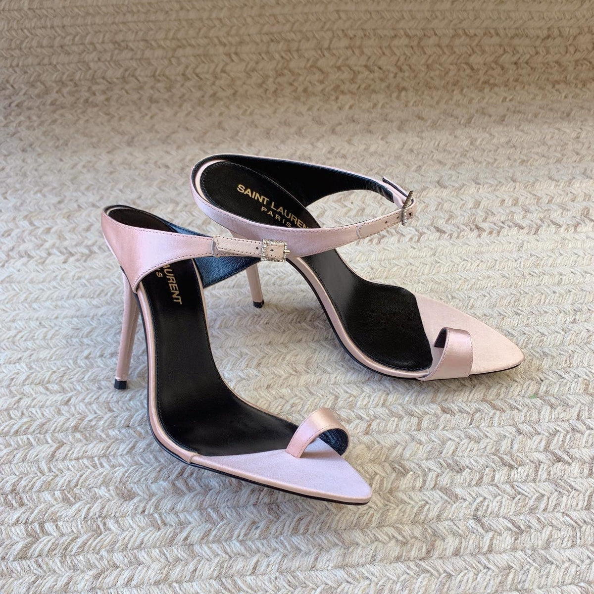 GAP CRYSTAL-BUCKLE SLIDE SANDALS IN LIGHT PINK SILK