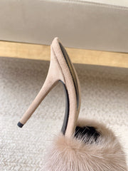 LA 16 HEELED MULES IN BEIGE RABBIT FUR AND SMOOTH LAMBSKIN