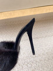 LA 16 HEELED MULES IN BLACK RABBIT FUR AND SMOOTH LAMBSKIN