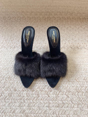LA 16 HEELED MULES IN BLACK RABBIT FUR AND SMOOTH LAMBSKIN