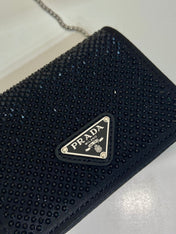 MINI FLAP BAG 11 IN BLACK DUCHESSE FABRIC ATTACHED FULL CRYSTALS SILVER CHAIN