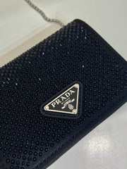 MINI FLAP BAG 11 IN BLACK DUCHESSE FABRIC ATTACHED FULL CRYSTALS SILVER CHAIN