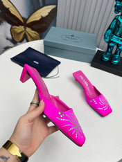 PRADA 26S MULE 40MM IN FUCHSIA PINK SATIN CRYSTAL EMBELLISHED