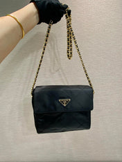 LARGE QUILTED FLAP BAG 23 IN BLACK RE-NYLON FABRIC GOLD CHAIN