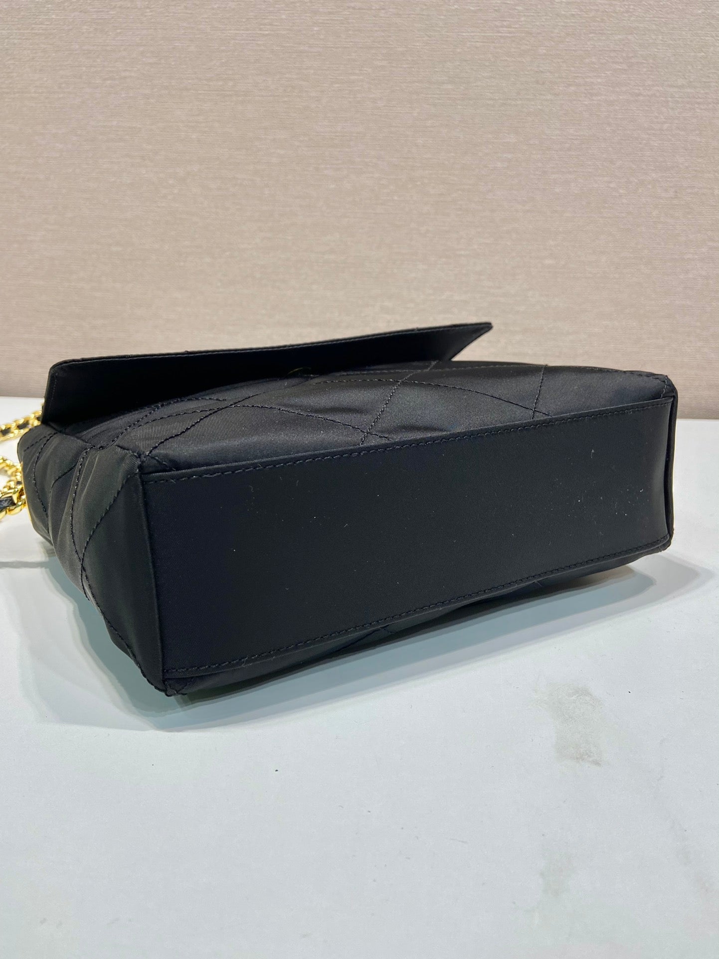 LARGE QUILTED FLAP BAG 23 IN BLACK RE-NYLON FABRIC GOLD CHAIN