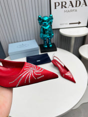 PRADA 26S POINTED TOE SLINGBACK 40MM IN DARK RED SATIN CRYSTAL EMBELLISHED