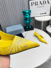 PRADA 26S POINTED TOE SLINGBACK 40MM IN YELLOW SATIN CRYSTAL EMBELLISHED