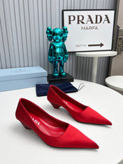 PRADA 26S POINTED TOE PUMPS 40MM IN RED SATIN