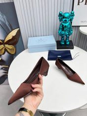 PRADA 26S POINTED TOE PUMPS 40MM IN DARK BROWN SATIN