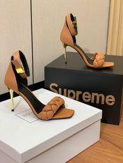 BALMAIN 26S BRAIDED-STRAP HIGH-HEEL SANDALS 95 MM IN BROWN CALFSKIN