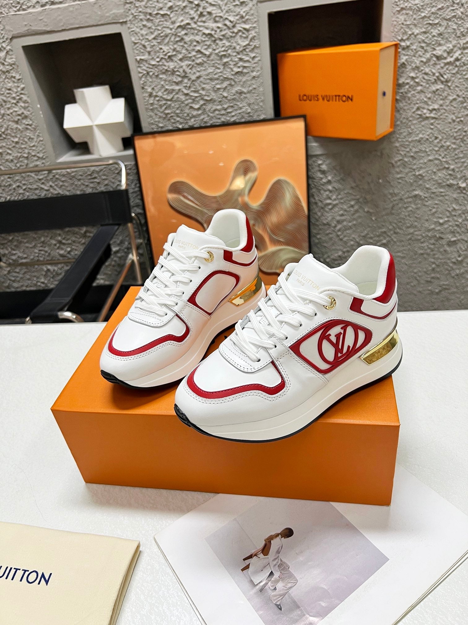 LV WOMEN SNEAKER IN WHITE MIX CHERRY RED CALFSKIN