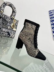 DIOR 25S NAUGHTILY-D ANKLE BOOTS 80 MM IN BLACK MESH TULLE AND SUEDE