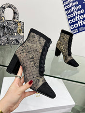 DIOR 25S NAUGHTILY-D ANKLE BOOTS 80 MM IN BLACK MESH TULLE AND SUEDE