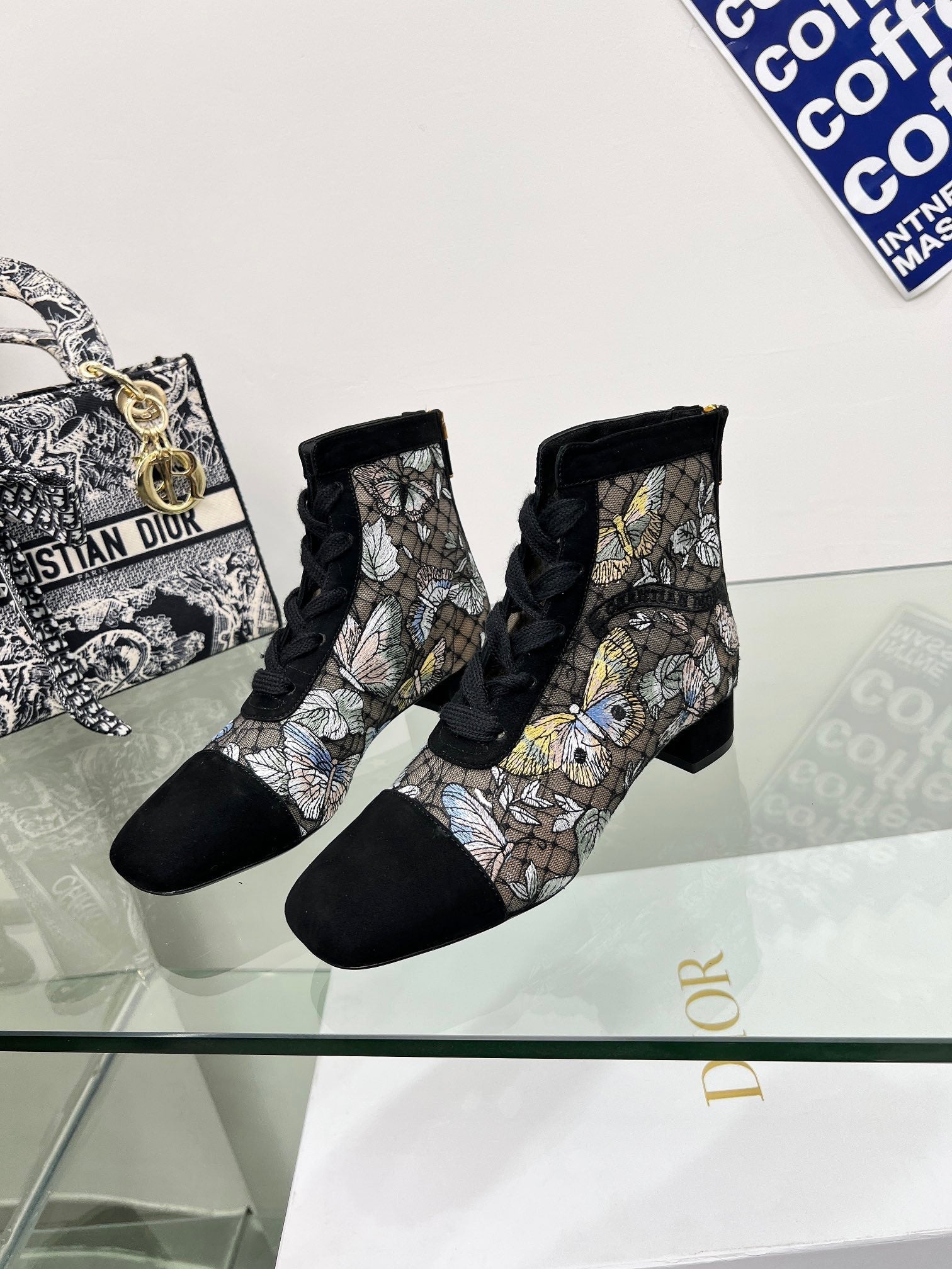 DIOR 25S NAUGHTILY-D ANKLE BOOTS 35 MM IN BLACK MESH TULLE AND SUEDE STYLE 3