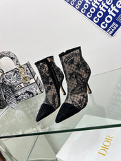 DIOR 25S POINTED-TOE ANKLE BOOTS 95 MM IN BLACK MESH TULLE AND SUEDE STYLE 1