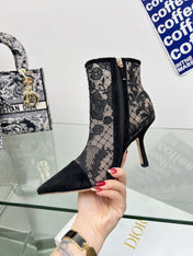 DIOR 25S POINTED-TOE ANKLE BOOTS 95 MM IN BLACK MESH TULLE AND SUEDE STYLE 1