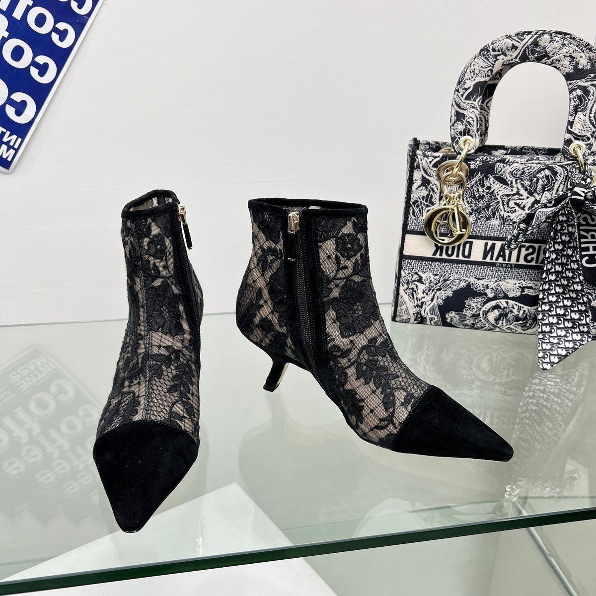 DIOR 25S POINTED-TOE ANKLE BOOTS 50 MM IN BLACK MESH TULLE AND SUEDE