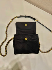 MINI QUILTED FLAP BAG 14 IN BLACK RE-NYLON FABRIC GOLD CHAIN