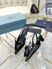MEDIUM HEEL SLINGBACK ATTACHED CREATIVE FLOWERS IN BLACK PATENT CALFSKIN