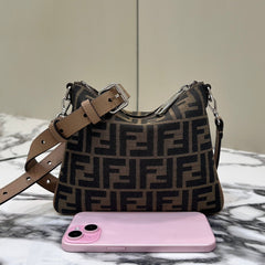 SHOULDER BAG 19 WITH FF MOTIF IN BROWN JACQUARD FABRIC