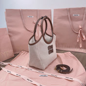 SMALL TOTE BAG 22 IN WHITE CANVAS AND BROWN CALFSKIN TRIM