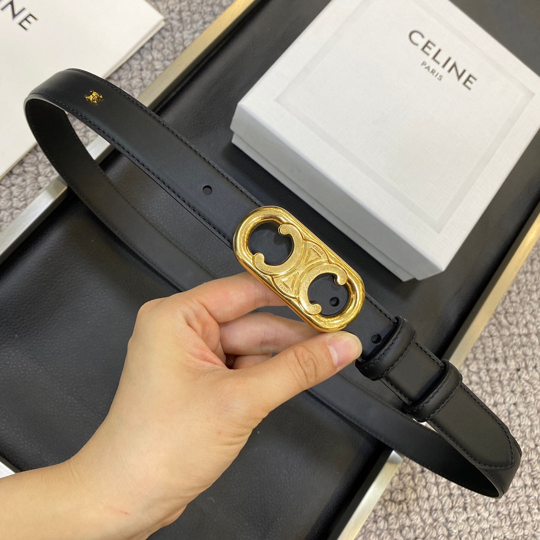 TRIOMPHE BELT 25MM IN BLACK CALFSKIN OVAL BUCKLE AND ENGRAVED LOGO