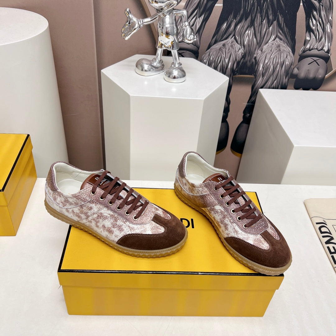 FENDI FLIGHT SNEAKER IN UMBER BROWN SUEDE AND LAMBSKIN