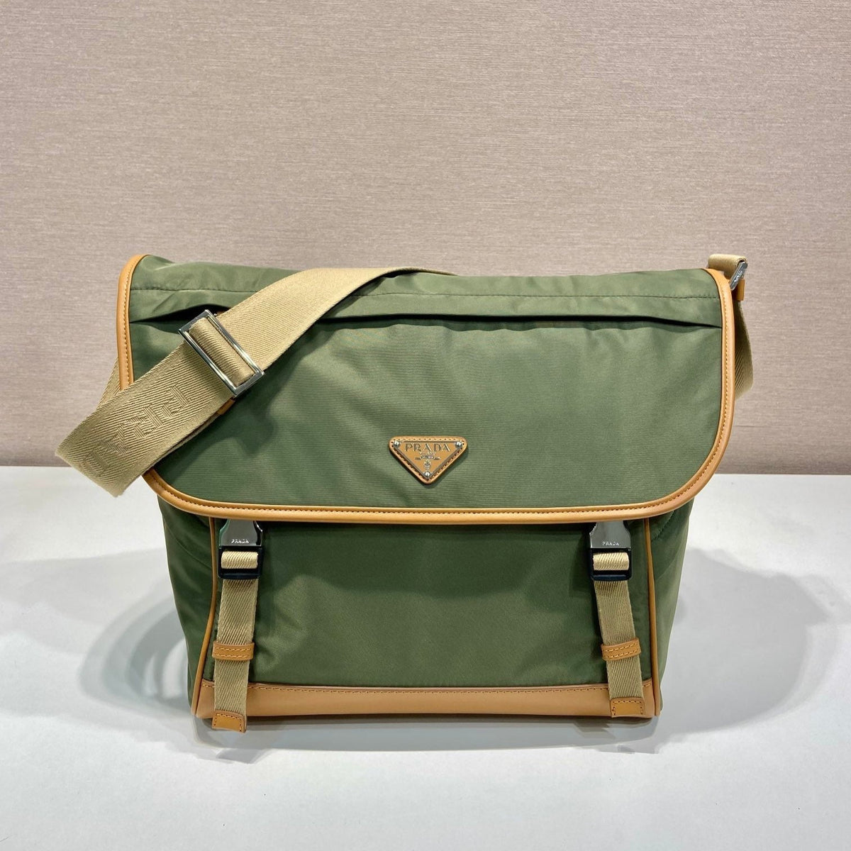 LARGE FLAP BAG 30 IN SEAWEED GREEN RE-NYLON AND BROWN CALFSKIN TRIM