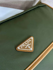 LARGE FLAP BAG 30 IN SEAWEED GREEN RE-NYLON AND BROWN CALFSKIN TRIM