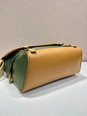 LARGE FLAP BAG 30 IN SEAWEED GREEN RE-NYLON AND BROWN CALFSKIN TRIM