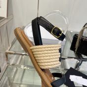 LYMPIAR FLAT STRAP SANDAL IN RAFFIA CALFSKIN BLACK BEIGE