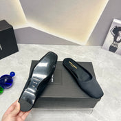 SL SQUARE TOE FLAT MULES BLACK SATIN