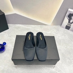 SL SQUARE TOE FLAT MULES BLACK SATIN