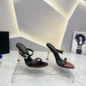 SL CRYSTAL BUCKLE HIGH HEELS BROWN SATIN