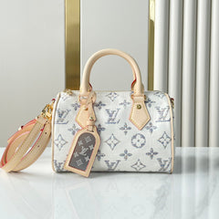 SPEEDY BANDOULIÈRE 20 IN WHITE MONOGRAM JACQUARD FABRIC AND BEIGE CALFSKIN TRIM