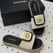 Double CC Women New Trendy Calfskin Slippers White Black
