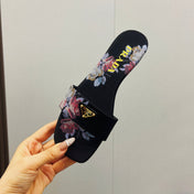 PRA PRINTED SLIDES SLIPPERS BLACK SATIN