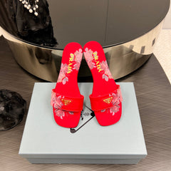 PRA PRINTED SLIDES SLIPPERS RED SATIN