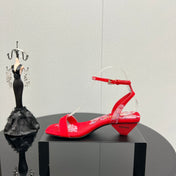 PRA TRIANGLE HEEL FLOWER MOTIF SATIN SANDALS RED